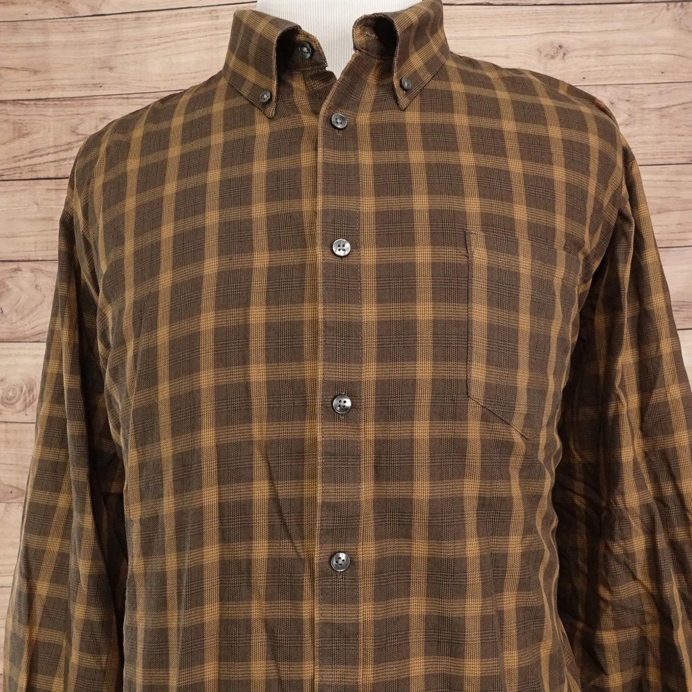 Van Heusen Shirt Mens 2XL Brown Plaid Long Sleeve Button-Up Cotton Blend Casual